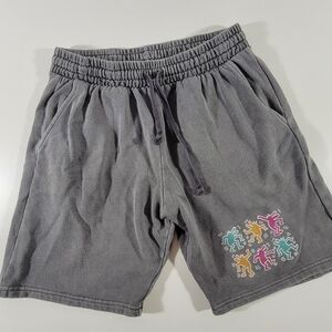 RSQ x Keith Haring Dancing Dog Sweatshorts Garment Dyed Faded Black Sz S T55